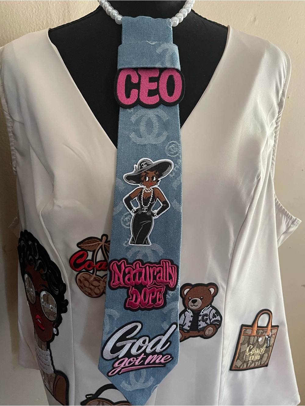 Blue Denim Statement Necklace Tie with Pink 'CEO' Patch by @marthanorman765